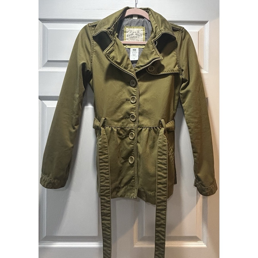 Levis Mid Length belted Trendy Fitted Trench Jacket Coat Olive Green Size Small - Picture 4 of 13